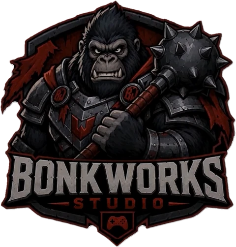 BonkWorks Studio crest: an armored gorilla with a spiked mace over the shoulder