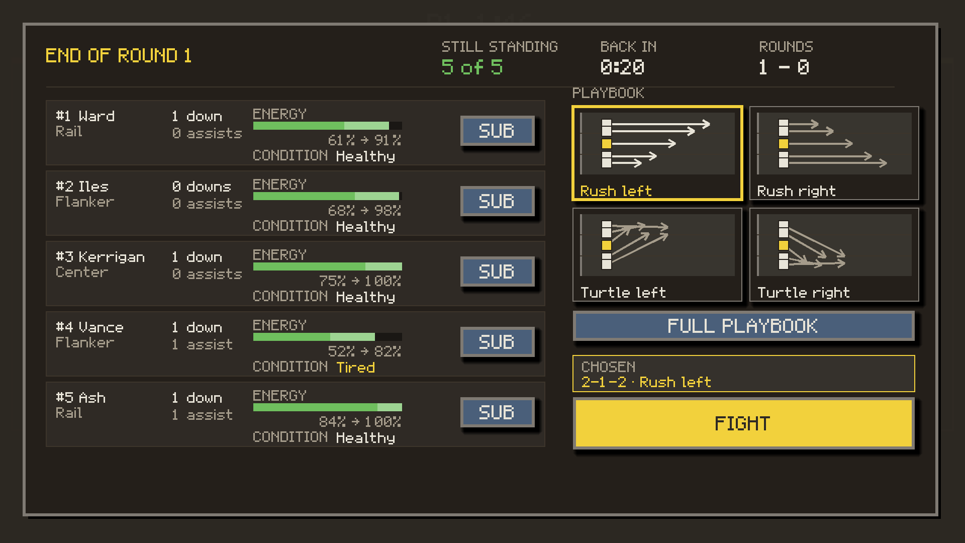 Between-rounds corner screen: energy and condition for each fighter, sub buttons and the playbook