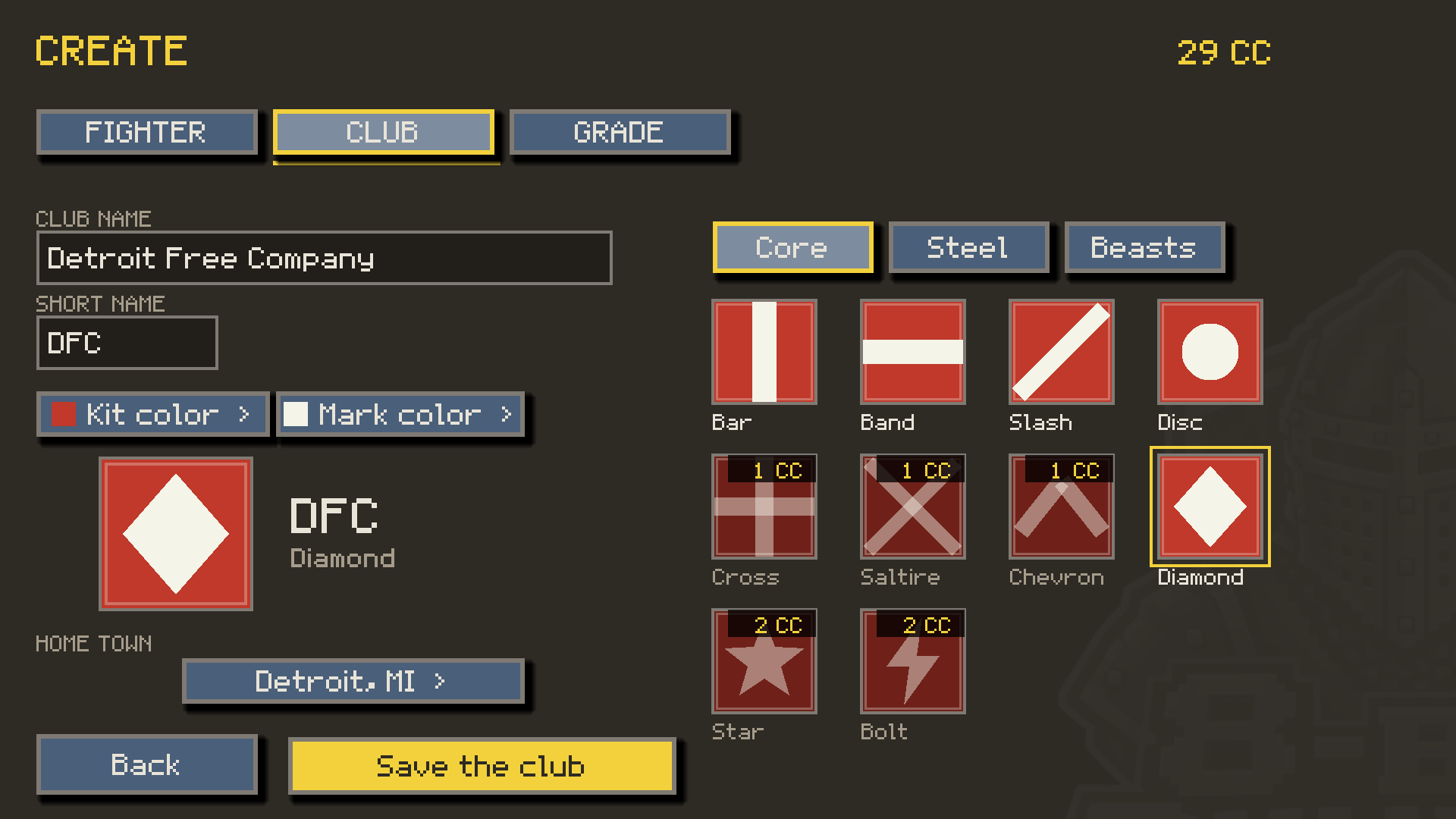 Create screen: club name, short name, kit and mark colours, crest designs and home town