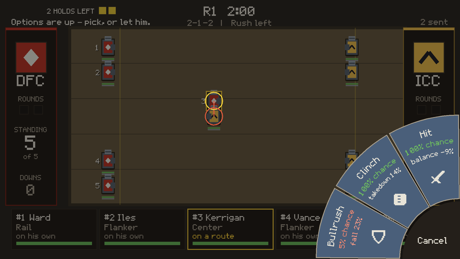 A bout in progress: a fighter's drawn route on the field and the corner wheel offering hit, clinch or bullrush with the odds on each