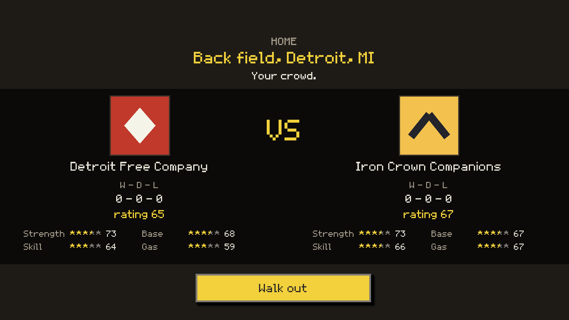 Walkout screen: Detroit Free Company versus Iron Crown Companions with both clubs' ratings